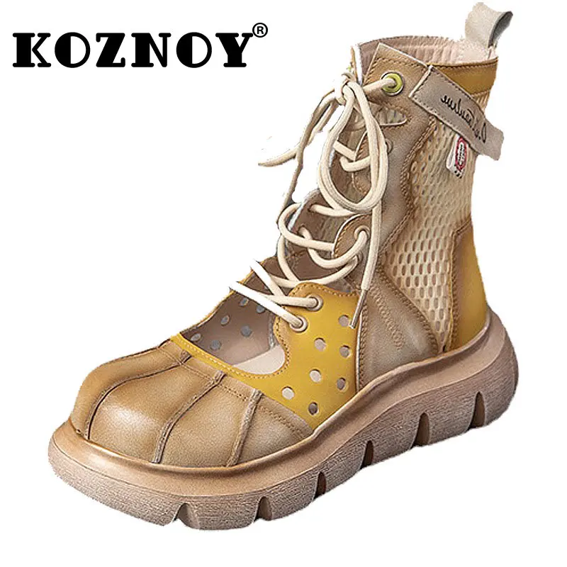

Koznoy 6cm Air Mesh New Women's Boots Genuine Leather Summer Hollow Flats Wedge Ankle Boots ZIP Breathable Fashion Ladies Shoes
