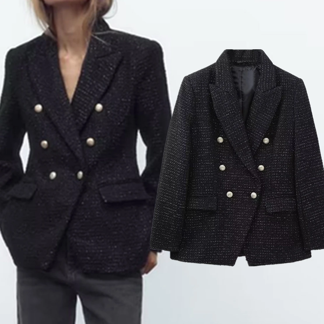 

Jenny&Dave England Style Office Lady Double Breasted Tweed Texture Fashion Blazers Casual Jacket Women