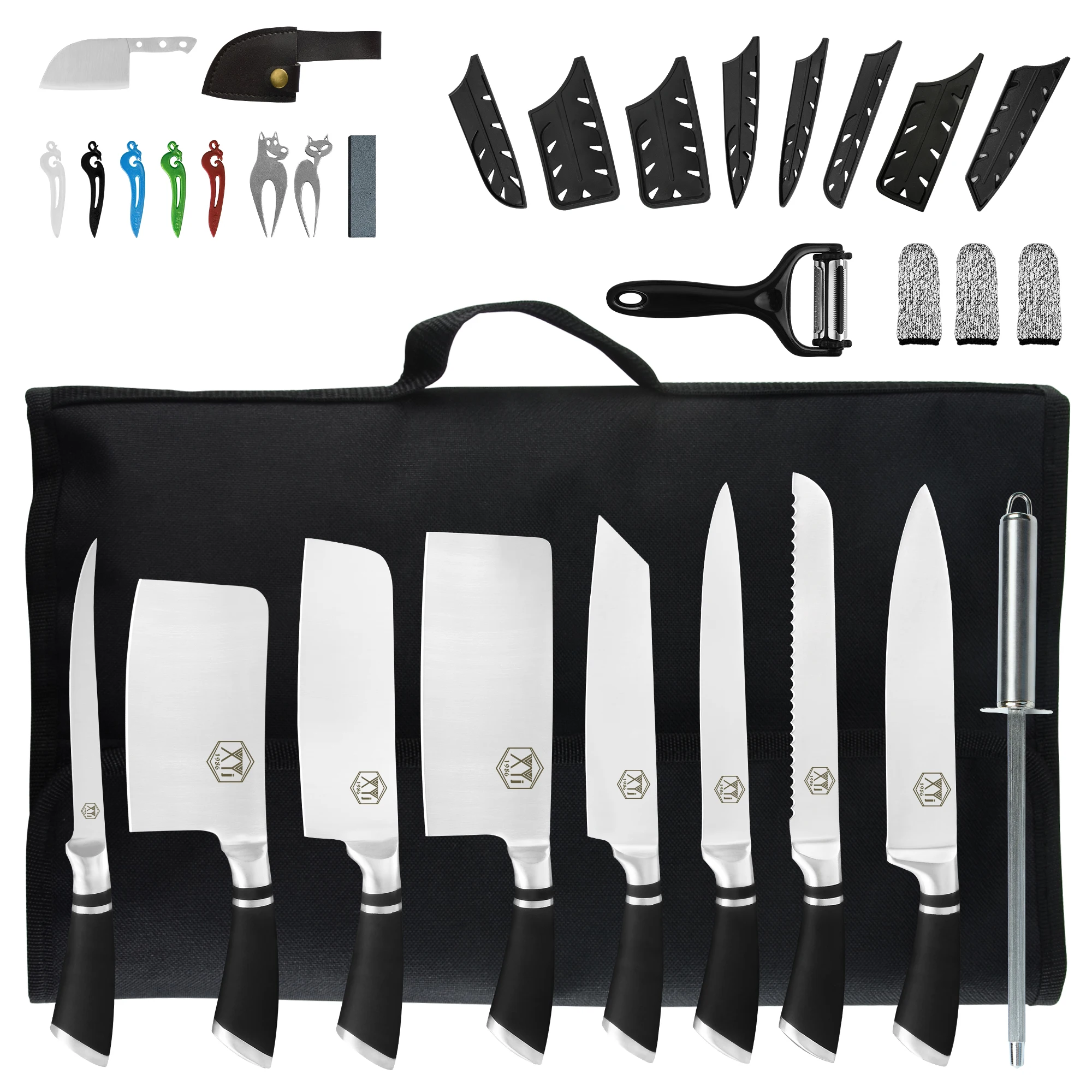 

XYJ Chef Knife Bag 8pcs Kitchen Knives Set Full Stainless Steel Blade Meat Vegetable Cleaver Poultry Boning Bread Cutting Tools