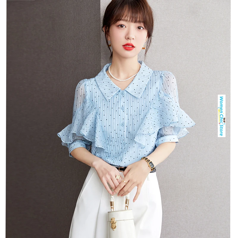 Женская блузка в горошек голубая тонкая элегантная Свободная с оборками и