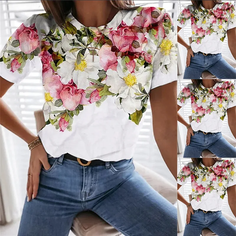 

Women's Top Summer Flower Print Short Sleeve Round Neck T-Shirt Woman Female Fashion Casual All-Match Lady Shirts Clothing