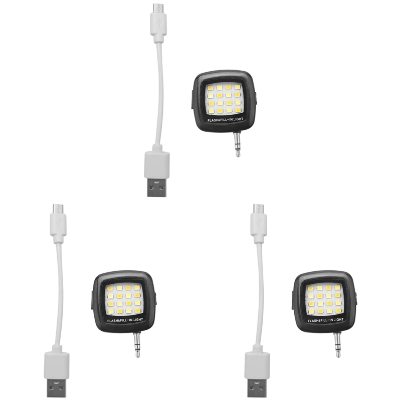 

3Pcs 3.5Mm Smart Selfie 16 LED Camera Flash Fill Light For Mobile Phone Black