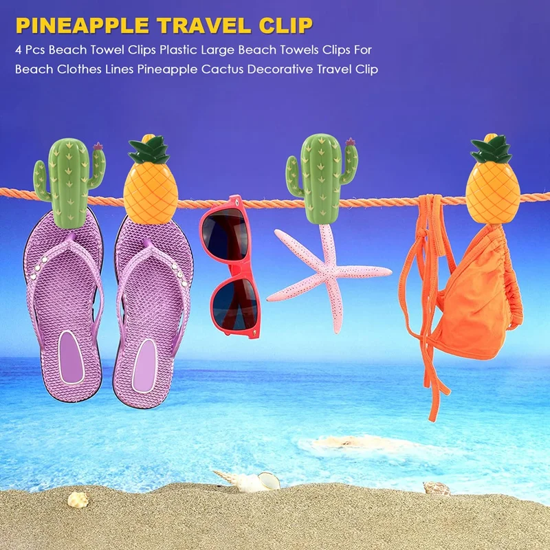 

4 Pcs Beach Towel Clips Plastic Large Beach Towels Clips For Beach Clothes Lines Pineapple Cactus Decorative Travel Clip