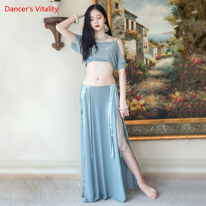 

Belly Dance Suit Mesh Top Tassel Drill Split Skirt Practice Clothes Set Adult Oriental Dancing Performance Clothing Summer
