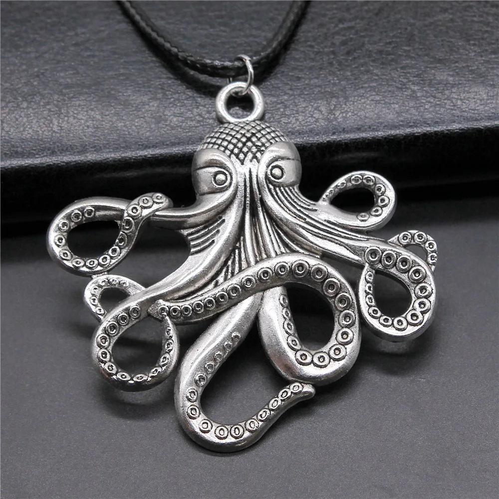 Ожерелье-цепочка унисекс, винтажная подвеска Осьминог из искусственной черной кожи в стиле ретро, 2 цвета, 59x57 мм