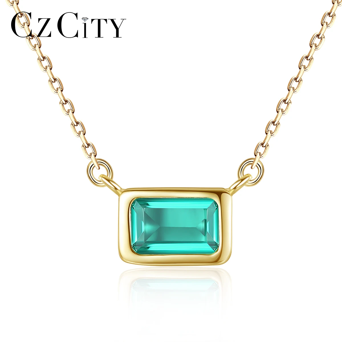 

CZCITY Square Topaz Gemstone Pendant Necklaces for Women Fine Jewelry 925 Sterling Silver Link Chain Golden Kolye Christmas Gift