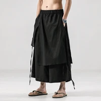 mens linen casual pants jogging trousers elastic waist loose irregular culottes street style harajuku straight wide leg pants
