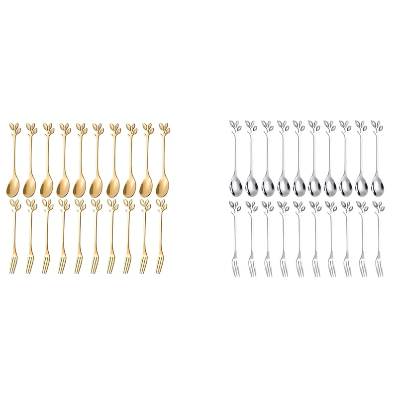 

Dessert Spoon Fork Set,20 Pcs 4.7 Inch Cake Fork,Coffee Spoon,Creative Leaf Fruit Fork,(10 Spoon + 10 Fork)