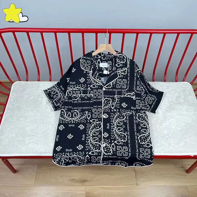 

RHUDE Shirt Men Women Casual Short Sleeve Vintage Cashew Full Print Beach Simple Quick Drying Fashion Lapel Top