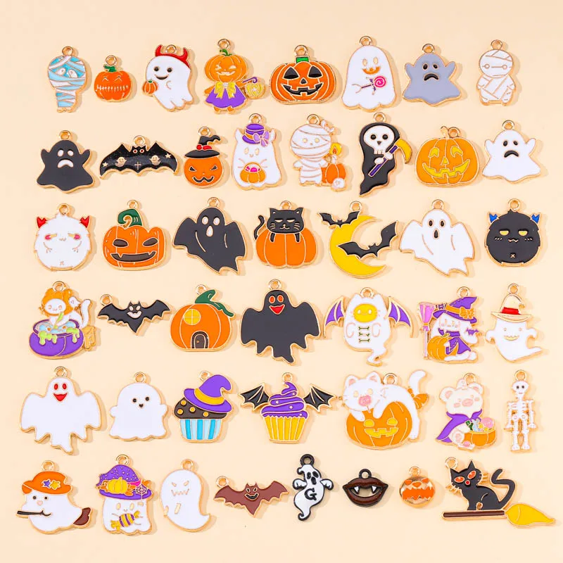 20Pcs Mix 45 Styles Cartoon Halloween Enamel Charms Pumpkin Skeleton Ghost Bat Cat Pendants for DIY Jewelry Making Party Gifts