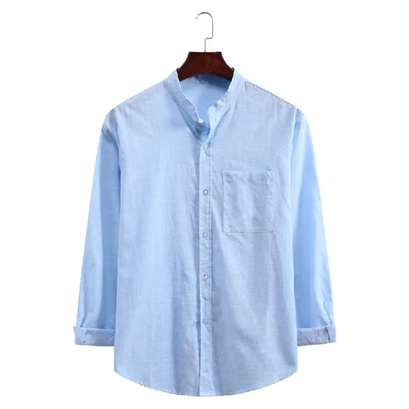 Men's casual long sleeve shirt large size shirt men's cotton and linen casual slim pure color stand collar shirt