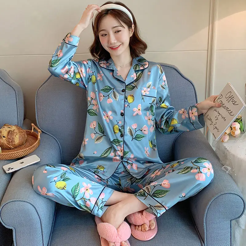 Fashion Women's Pajamas Set Simulated Silk Thin Long Sleeve Trousers Korean Fashion Autumn Cardigan Home Wear Plus Size Cheap
