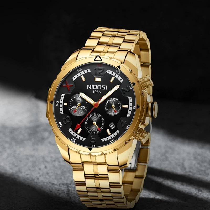

Новинка 2023, роскошные мужские многофункциональные кварцевые часы NIBOSI с черным циферблатом, водонепроницаемые наручные часы из нержавеющей стали, мужские часы