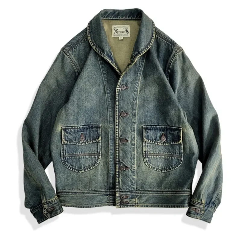 Amekaji Wear Clothes Men Classic Green Collar Denim Jacket Overalls Dyed Washed Distressed