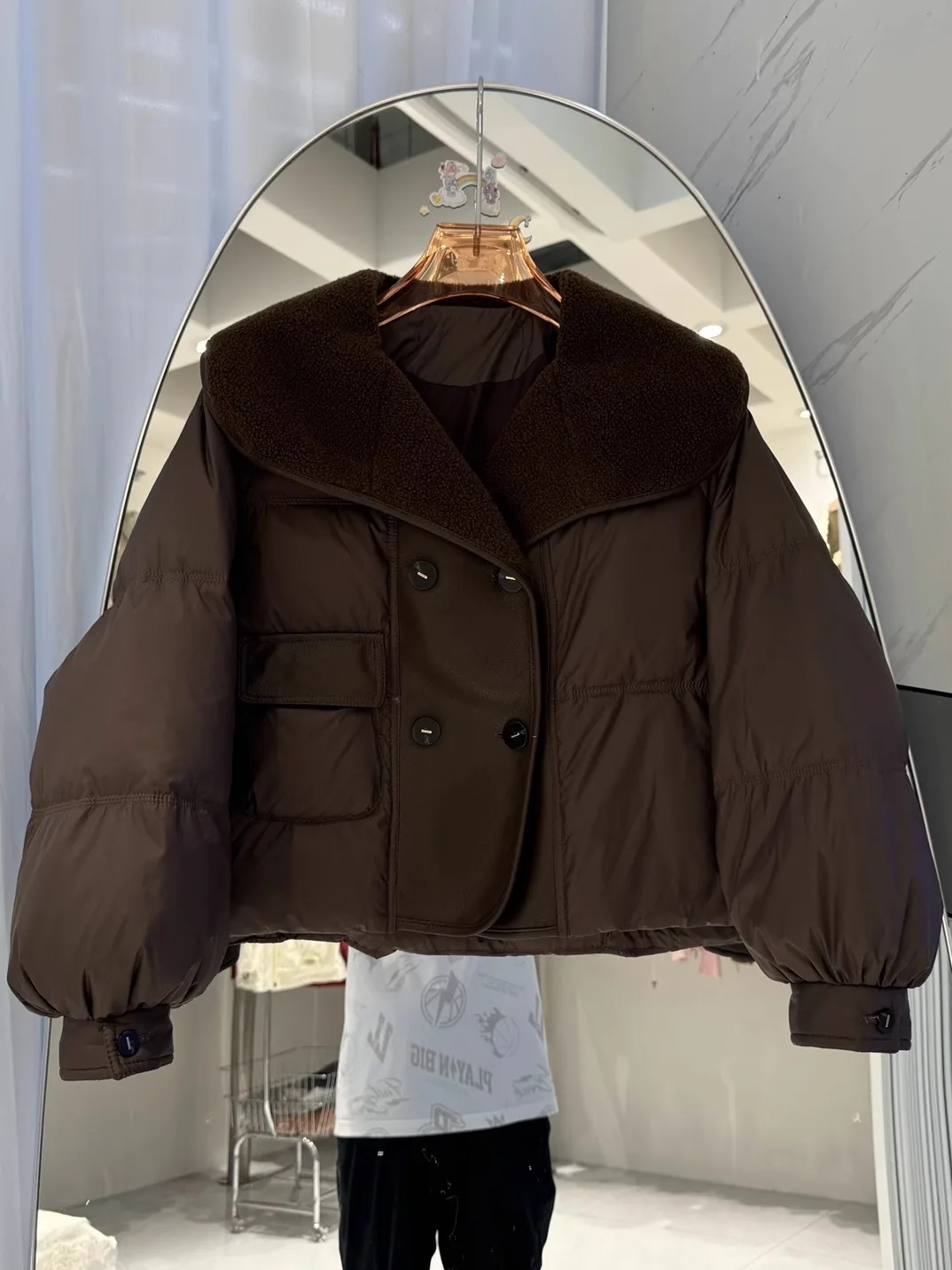 2024 новый зимний пуховик женский короткий из овечьей шерсти кожаная лоскутная