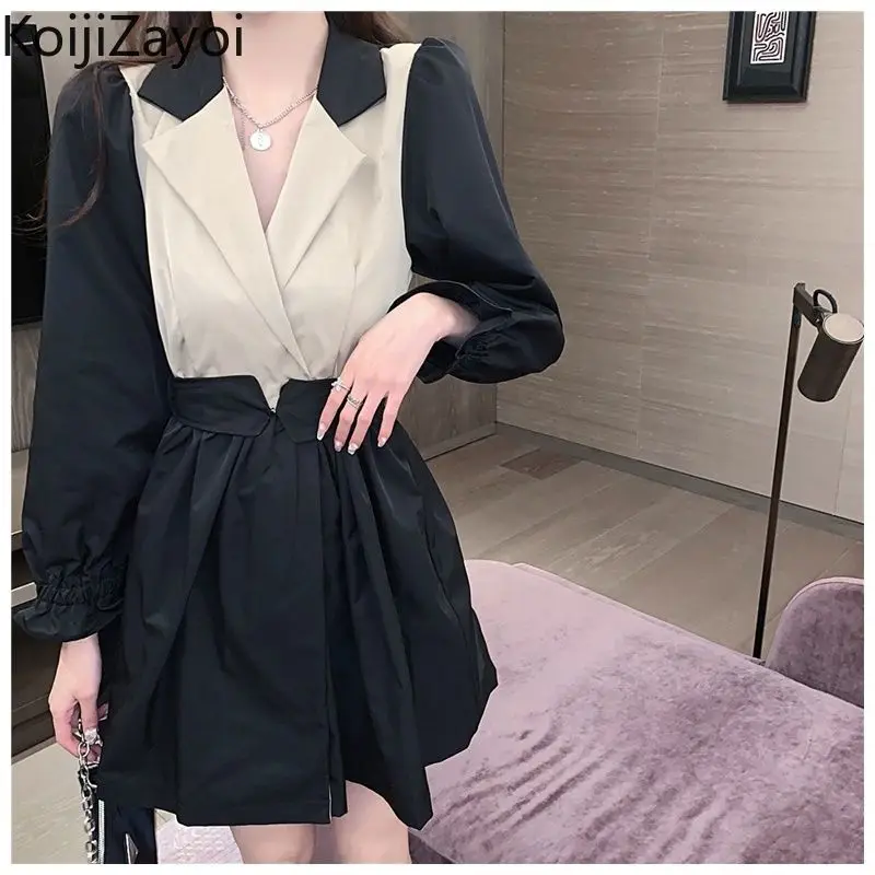 

Koijizayoi Patchwork Women A Line Shirt Dress Notched Collar Belted Slim A Line Dresses Female Fashion Spring Fall 2022 Vestidos
