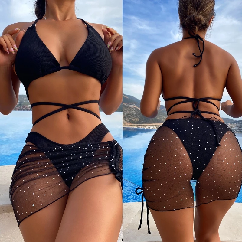 

Ladies Swimsuit Comfortable Fashion Cover-ups 3-Piece Knotted Swimming Suit Push Up Wrap Beachwear Gather Bikini Set 24BD