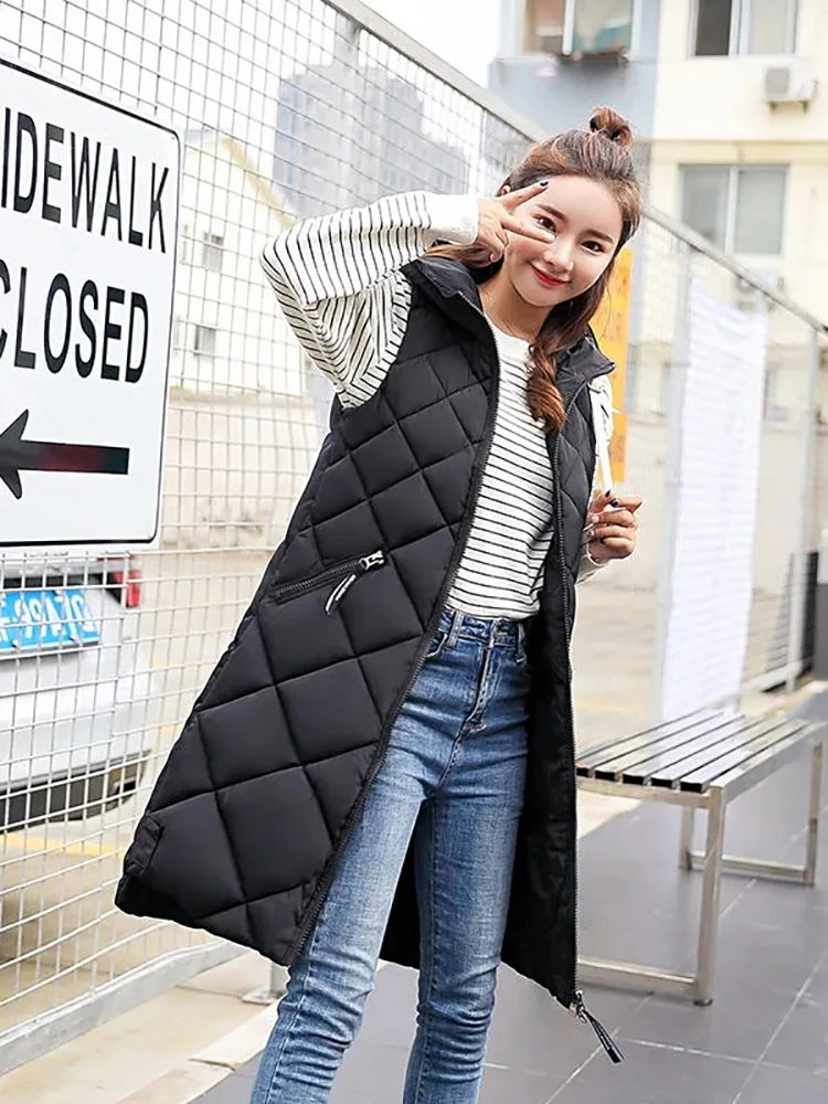 Women's Sleeveless Vest Long Down cotton Jacket Solid Korea Hooded Padded Vests Loose Females 2022 Fashion Casual Winter Coat enlarge