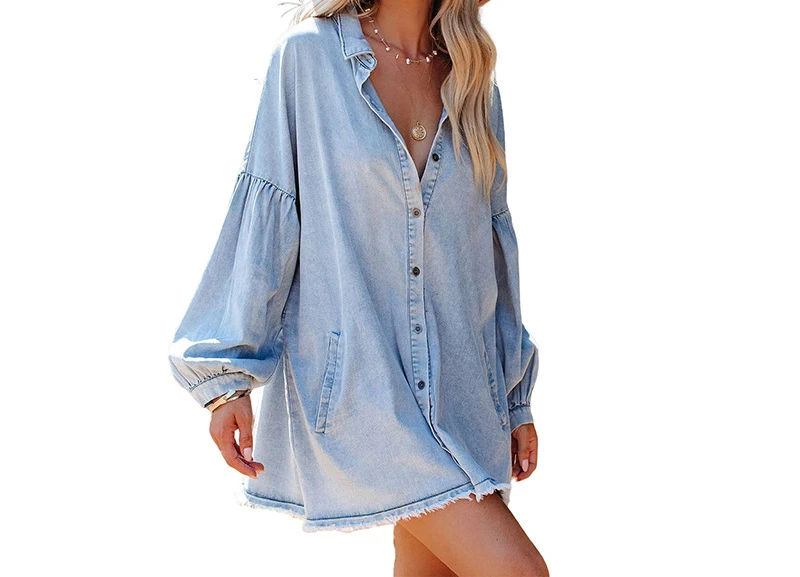 

2022 Fashion Women's Loose Raw Edge Long Sleeve Light Color Ladies Denim Dress