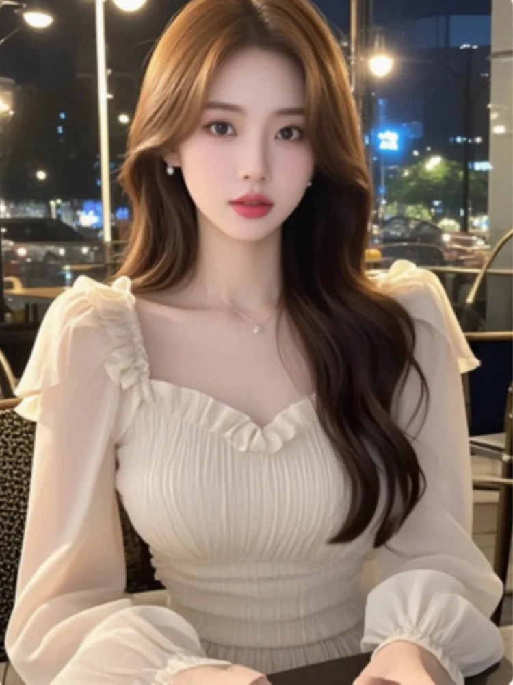 Pure Desire Sle Абрикосовые рубашки с квадратным воротником и оборками длинными