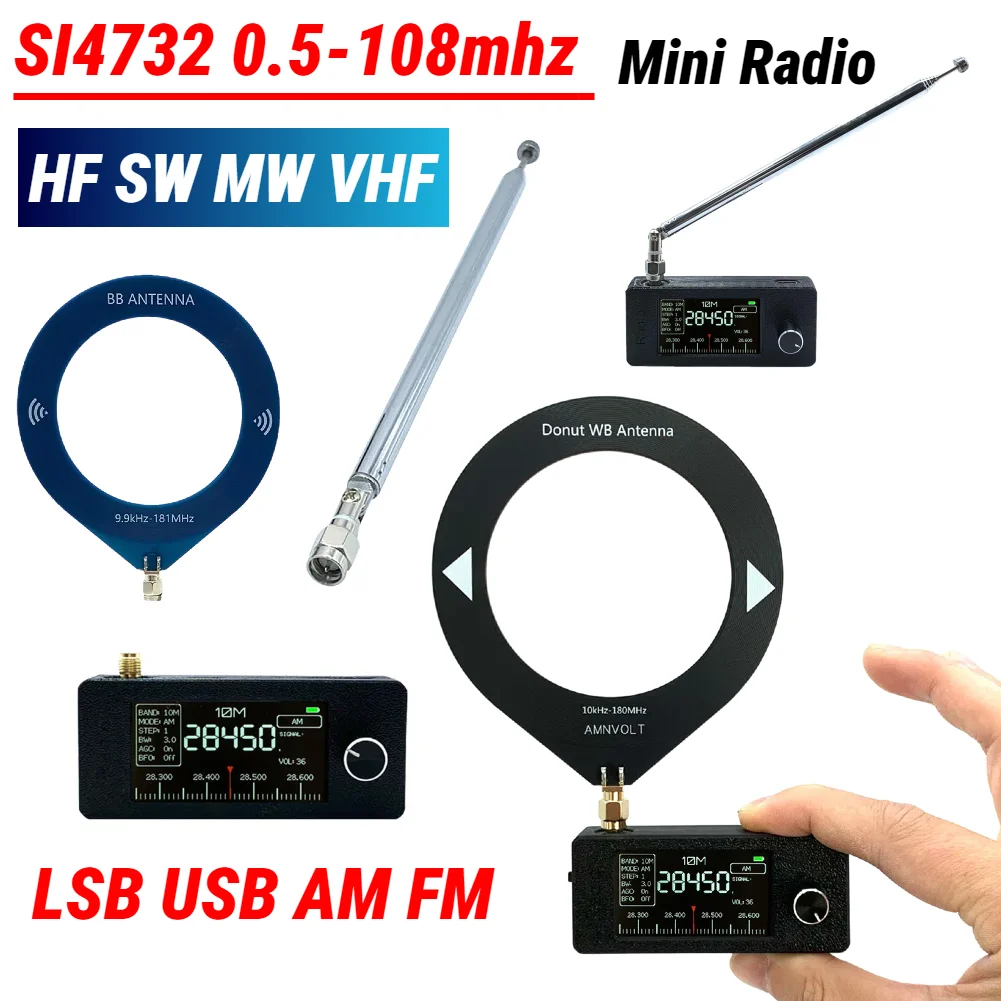 Фото SI4732 Портативное радио 0,5-108 МГц LSB USB AM FM Карманное мини-радио 1,9-дюймовый IPS-экран HF SW MW VHF Радио с кольцевой антенной №1