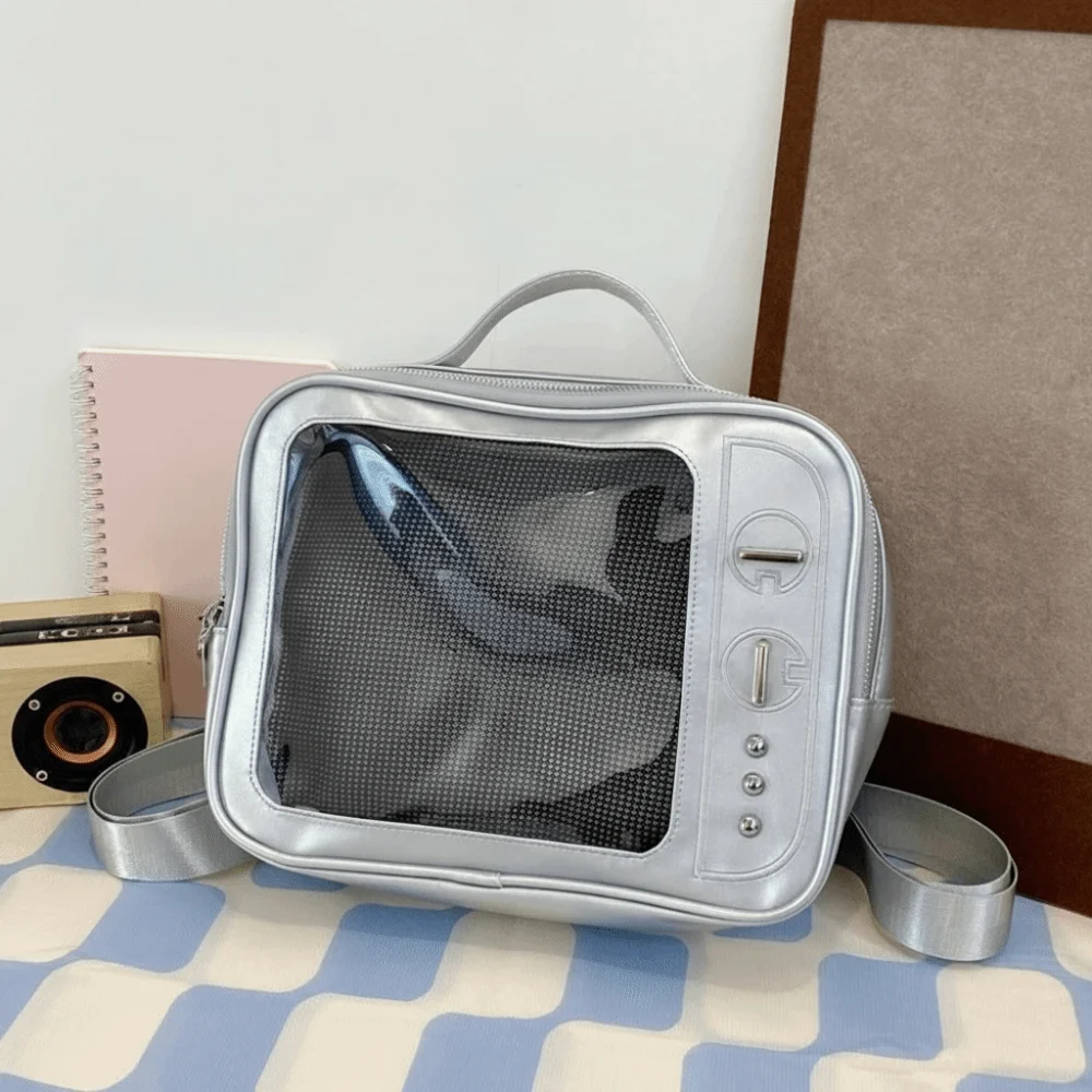 Фото Рюкзак PU TV Model Ulzzang с прозрачным отделением, большой вместимости, легкий, с прозрачным слоем для демонстрации, сумка через плечо для коллекций №2