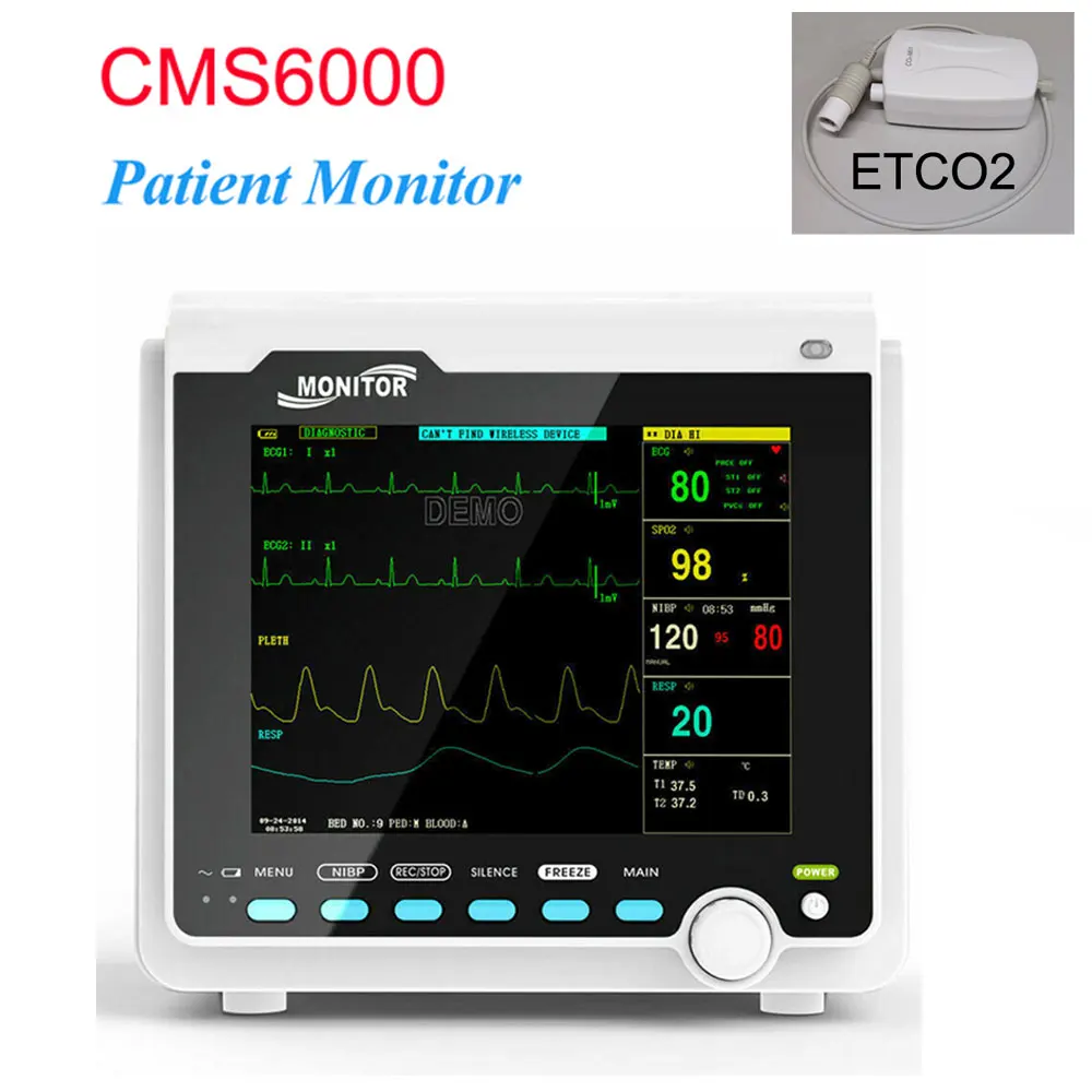 

CMS6000 Portable ICU Patient Monitor 8'' Vital Signs Monitor ECG NIBP SPO2 Resp PR TEMP with ETCO2 Module Medical Device Machine