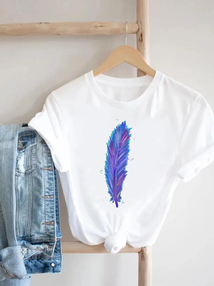 

Женская футболка с принтом перьев и акварелью, Повседневная летняя футболка с коротким рукавом и графическим принтом