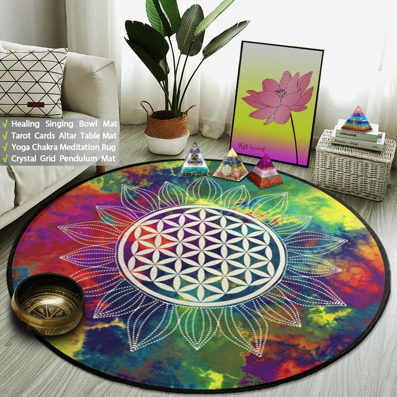 

Sacred Planet Geometry Flower of Life Round Rug Watercolor Art Galaxy Yoga Meditation Floor Mat Computer Chair Area Carpet Thick