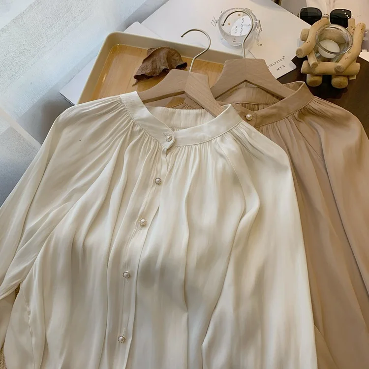 

Блузка женская с воротником-стойкой, ацетатная атласная нишевая рубашка с длинными рукавами-фонариками в французском стиле ретро