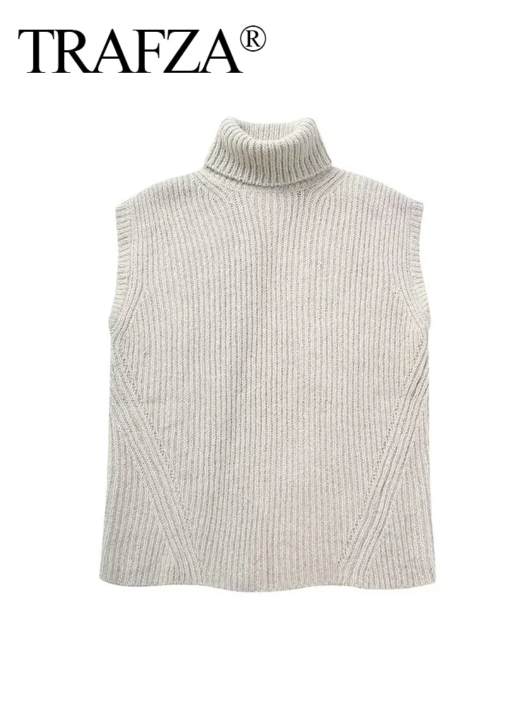 

TRAFZA Vintage Women Knitted Sleeveless Loose Sweater Turtleneck Sweaters Backless Ribbed Pullovers Vest Streetwear Knitwears