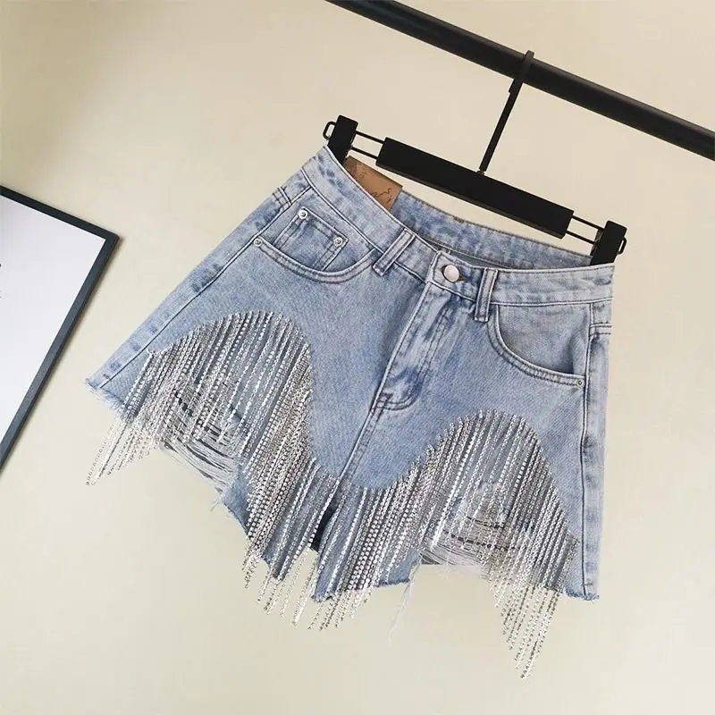 2023 Brand New Tassel Women Denim Shorts Chains High Waist Sexy Distressed Female Pants Fashion Streetwear
