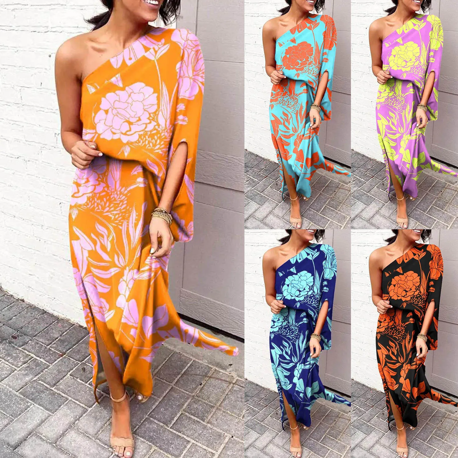 

Womens Floral Print One Shoulder Ruched Short Dress Butterfly Sleeve Asymmetrical Hem Wrap Front Party Dresses