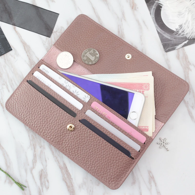 Genuine Leather Women Wallets Luxury Long Hasp Lychee Pattern Coin Purses Female Brand Solid Colors New Thin Clutch Phone Bag