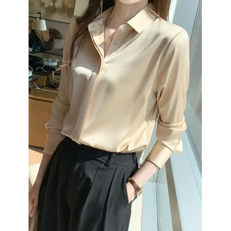 

Korean Version French Elegance Satin Luxurious Women Clothing Shirt Advanced Office Casual Spring Autumn All-match Blouses 2022