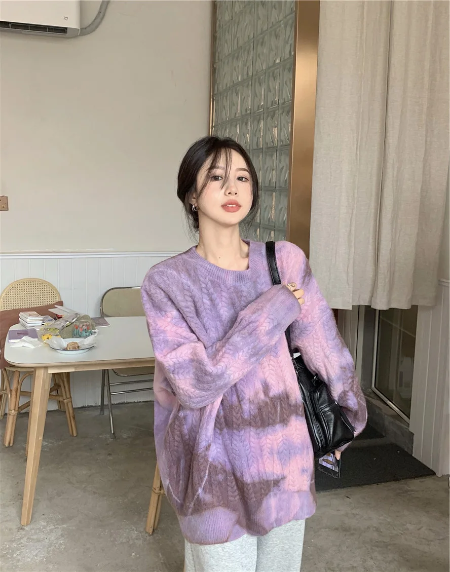 Пуловер в стиле ретро с гонконгским вкусом свитер принтом тай-дай женский