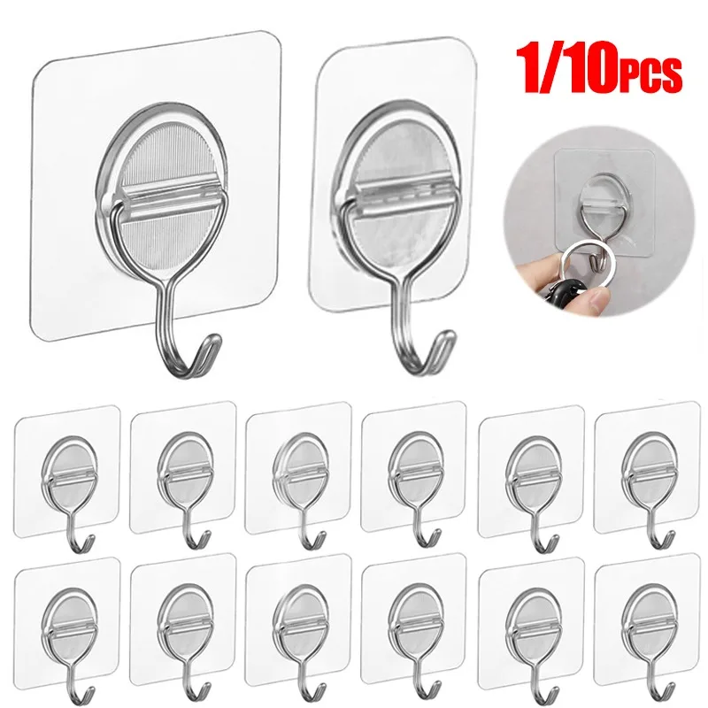 

1/10pcs Transparent Hooks Stainless Steel Strong Self Adhesive Wall Hook Traceless Key Towel Hanger for Kitchen Bathroom Door