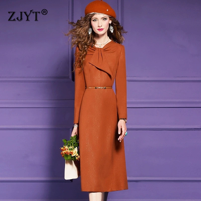 Женские элегантные осенне-зимние платья с длинным рукавом однотонное оранжевое