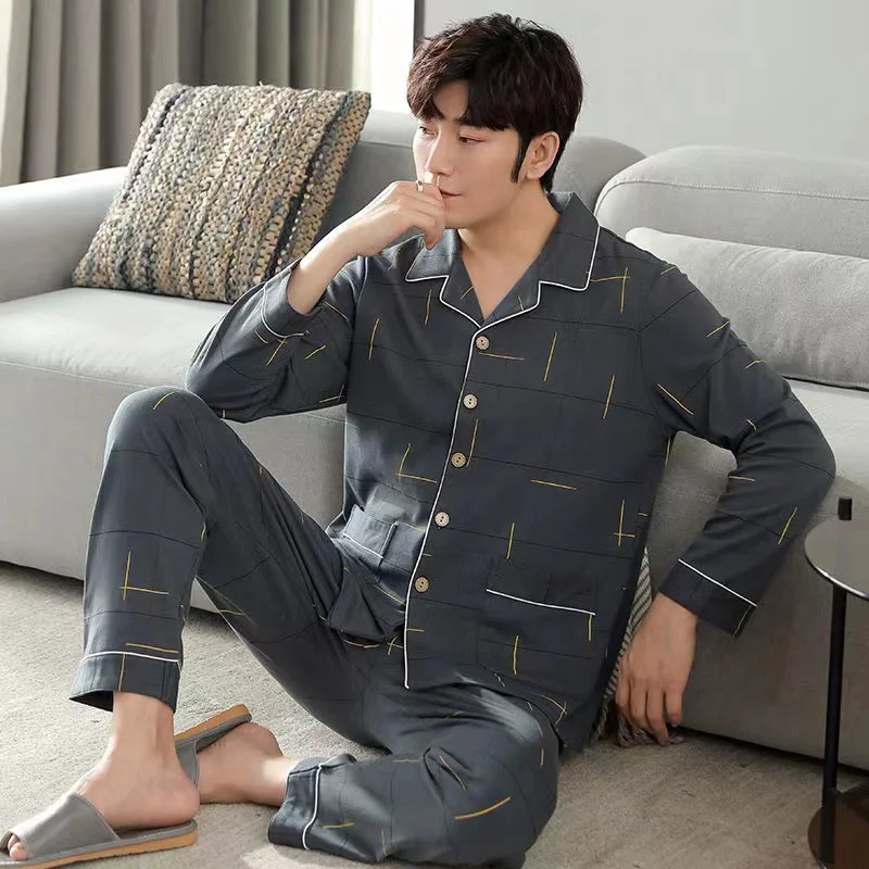 100% Cotton Pijama For Men 2 Pieces /Sets Long Sleeve Turn-Down Collar L-4XL Leisure Lounge Sleepwear Pyjamas Home Clothes