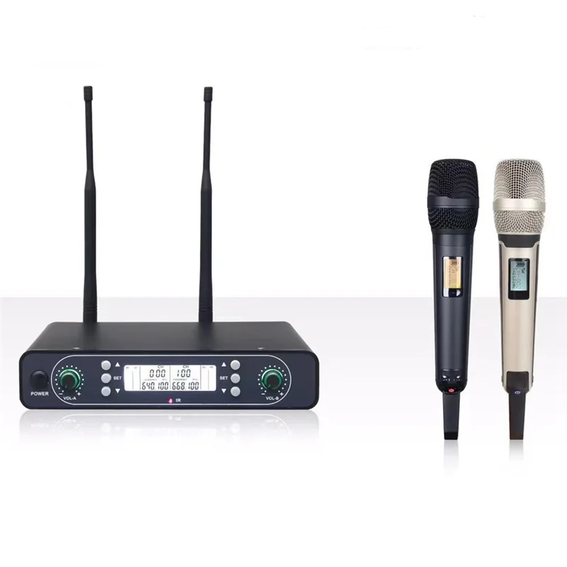 

UHF Wireless Dual Channel Handheld Professional Wireless Microphone System Karaoke Stage Performance EU Plug,Gold