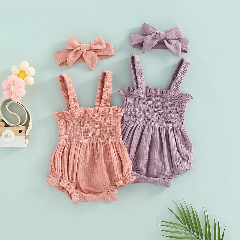 

Комбинезон для новорожденных девочек, однотонный эластичный Боди без рукавов, с оборками на груди, повязка на голову, на лето