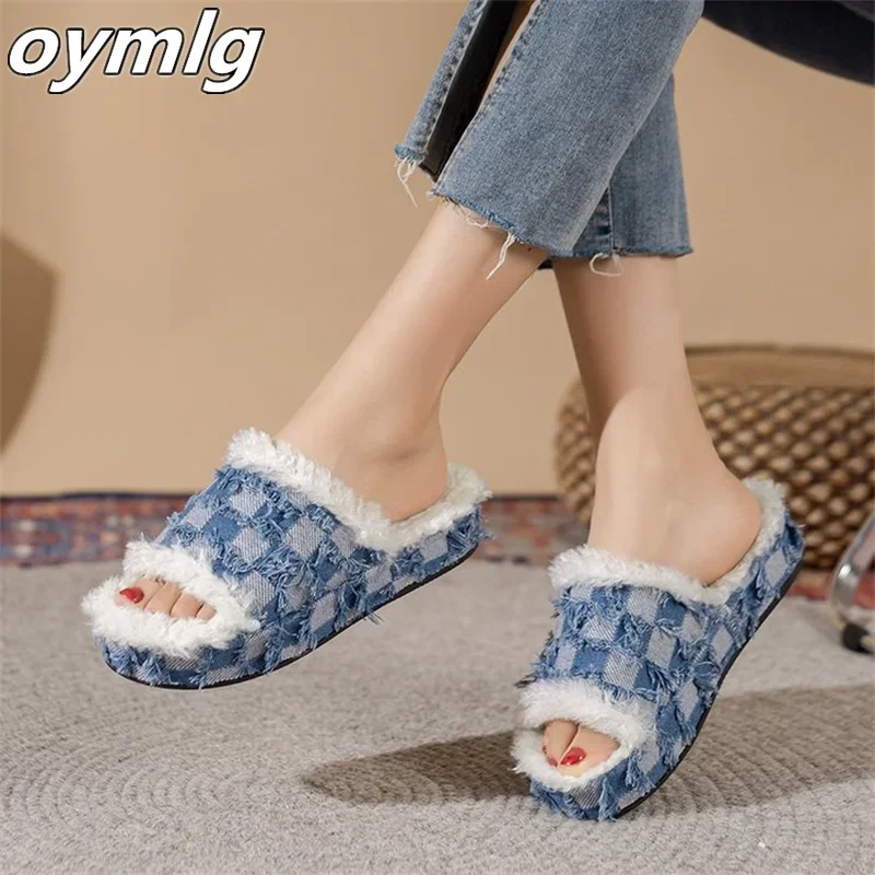 

Thick soled women's shoes New denim cotton slippers High heeled plush women's slippers Large platform shoes