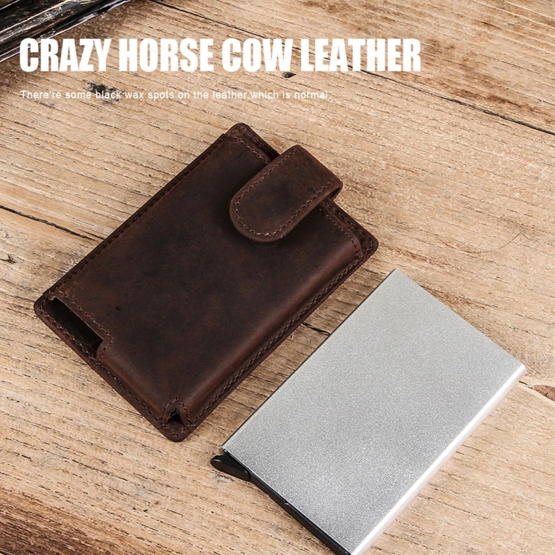 

M6CC Automatic Card Box Snap Buckle Closure Credit Card Holder Men Metal RFID Anti-theft Crazy Head Layer Cowhide Card Wallet ID
