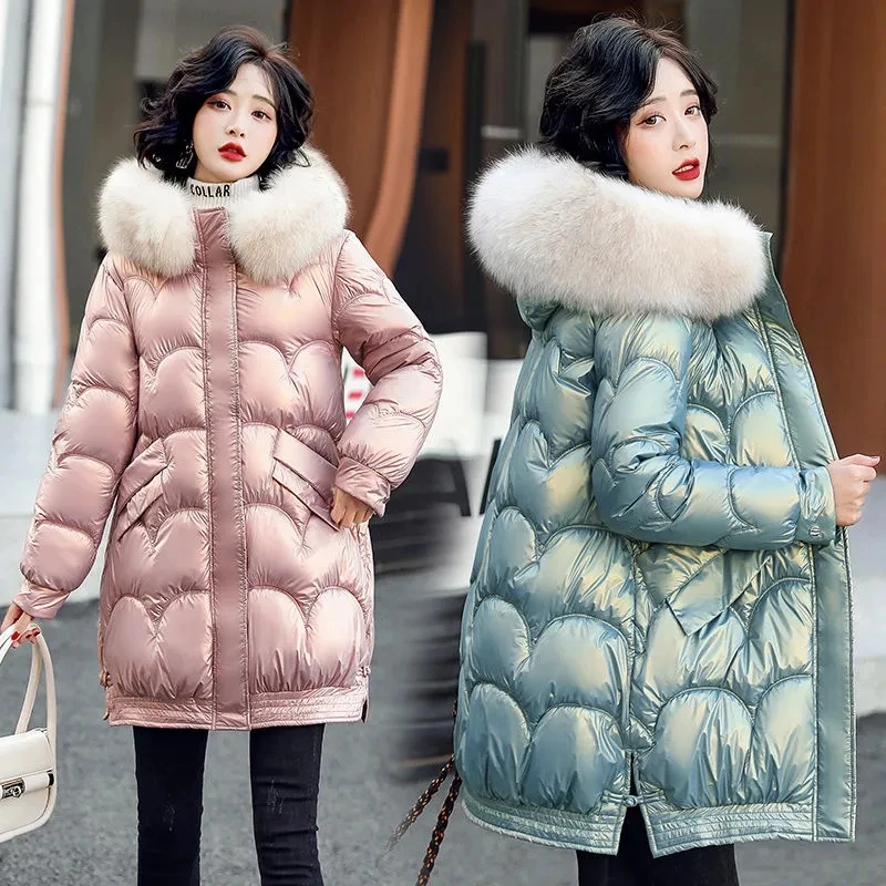 

2022New Winter Jacket Parkas Women Coat Fur Collar Hooded Mid Long Overcoat Female Jacket Parka Thick Warm Cotton Padded Outwear