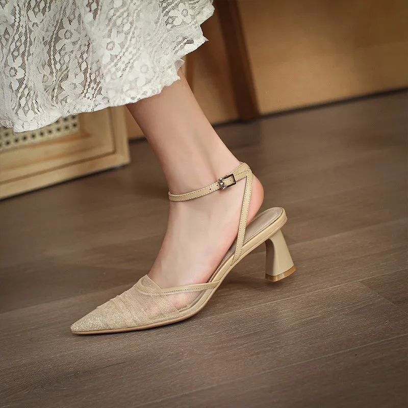 

Женские босоножки на среднем каблуке, кожаные босоножки из сетчатого материала, на платформе, лето 2022