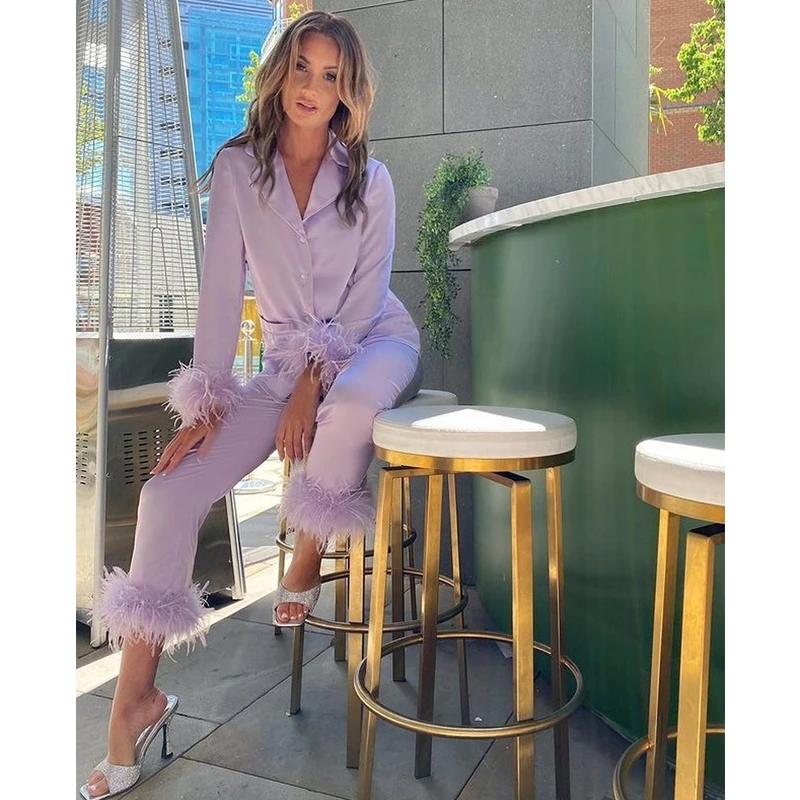 QWEEK Two Piece Pajamas Women Feather Detail Lounge Set Female Autumn Long Sleeve Pijamas Solid Pyjamas Casual Sleepwear Suit