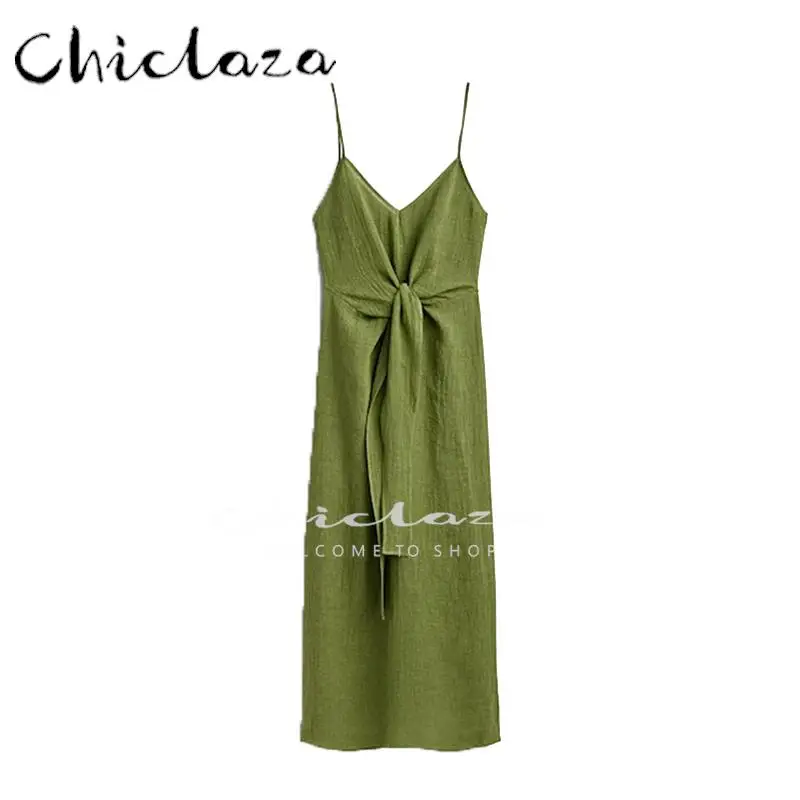 

CHICLAZA 2022 Summer Women Fashion Sleeveless Knot Decorate V-Neck Dress Female Slim Elegant Solid Simple Casual Slip Dresses