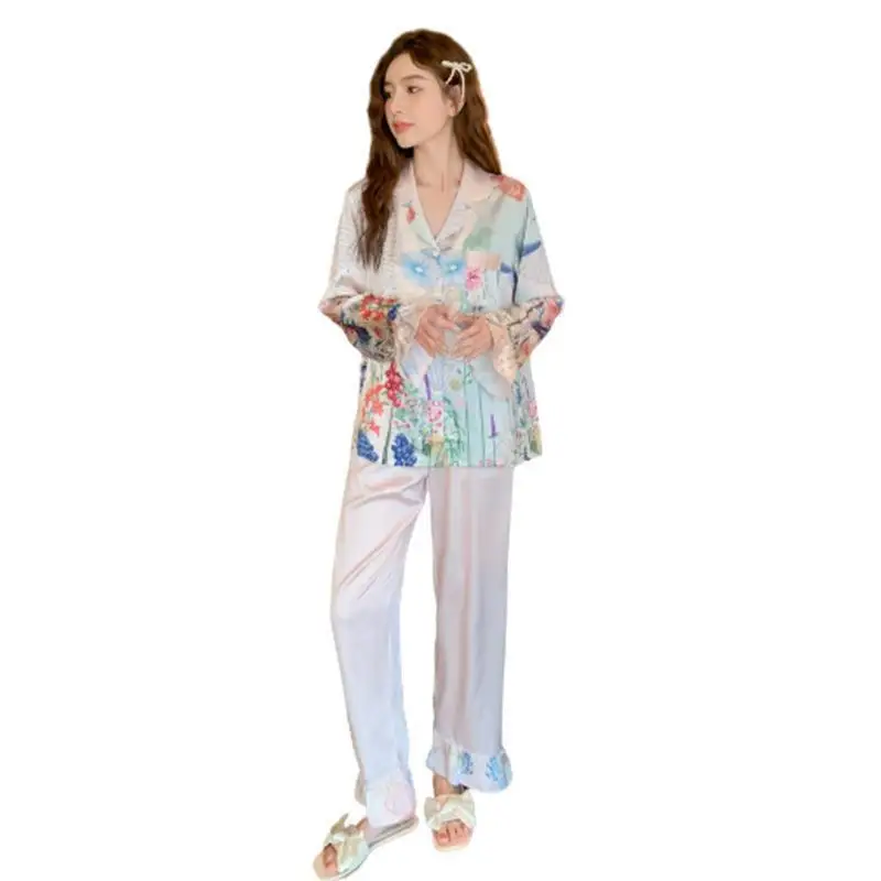 Autumn New Simple Casual Homewear Women's Floral Frill Long-Sleeved Trousers Pajamas Fashion Cardigan Homewear