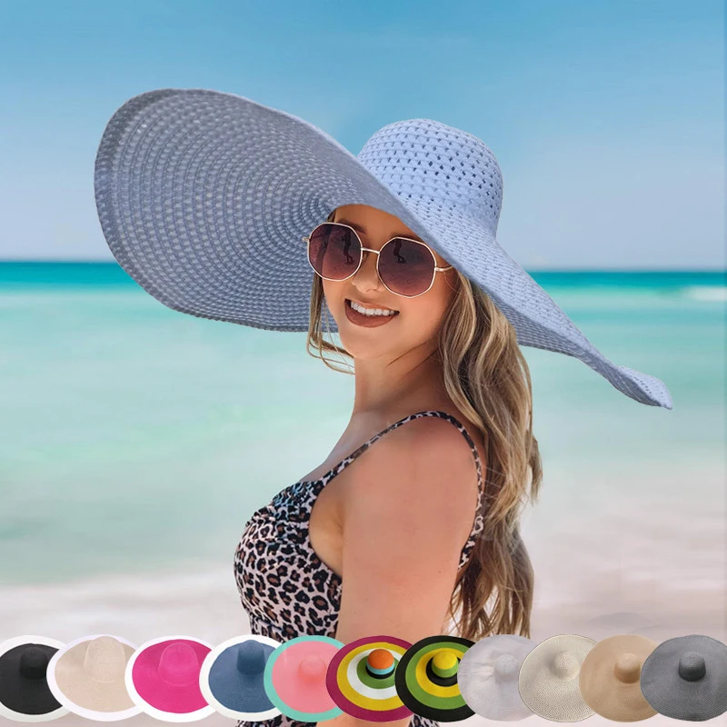 

New 25cm Wide Brim Oversized Beach Hats Women Floppy Foldable Straw Hat Fashion Uv Panama Cap Outdoor Portable Visor Caps