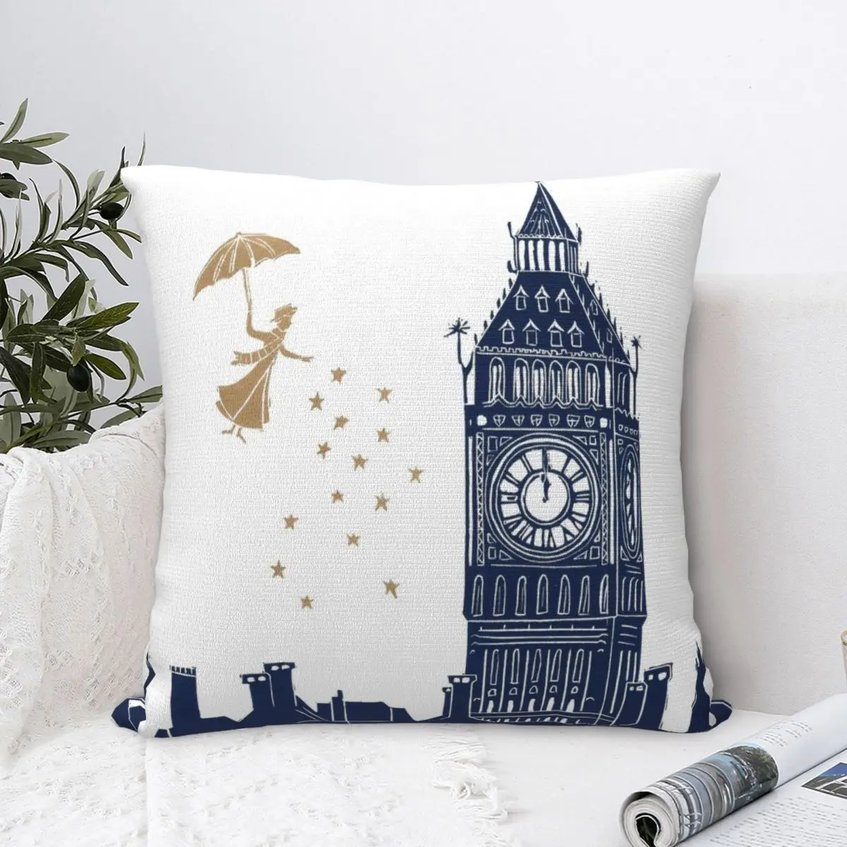 

Mary Poppins And Big Ben Linocut Square Pillowcase Cushion Cover Comfort Pillow Case Polyester Throw Pillow cover Home Bedroom